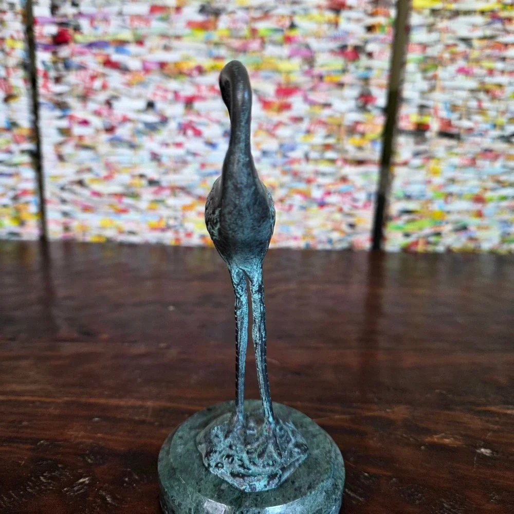 Vintage Bronze Heron Crane Figurine Sculpture on Green Marble Base Verdigris